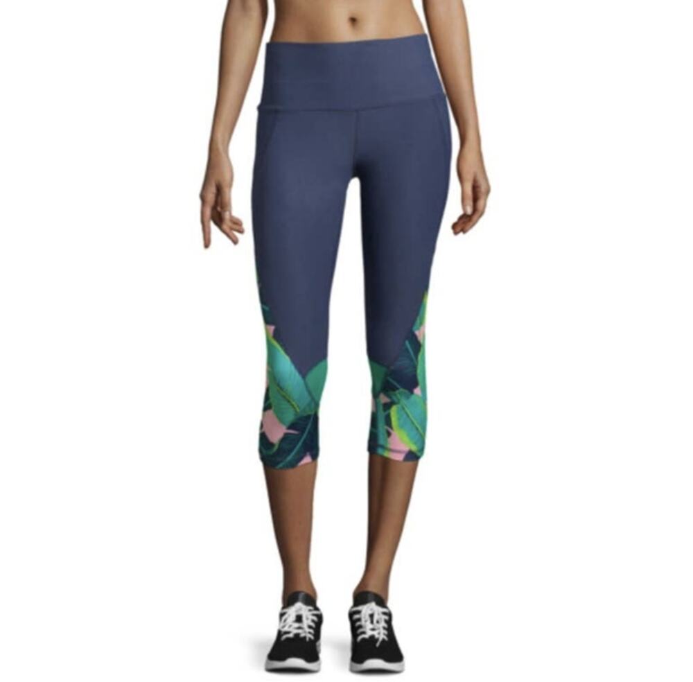 NWOT Xersion Women's Blue Banana Leaf Jersey Fitted Capri Leggings Size M
